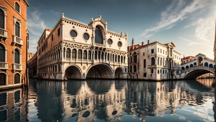 Naklejka premium Reflective Venice canal scene at sunrise featuring the iconic Bridge of Sighs and Palazzo Contarini del Bovolo.