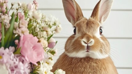 Fototapeta premium Fluffy Brown Bunny with Spring Bouquet