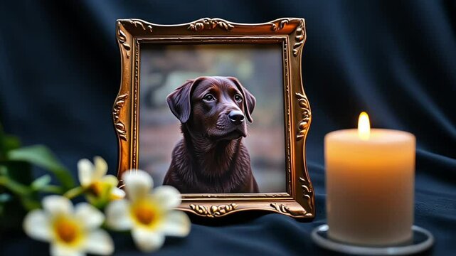 Close up of framed pet funeral display with dog picture collar candle and lily flower on black cloth