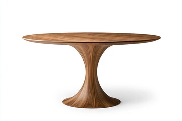 Oval wood dining table, modern design, white background, interior decor