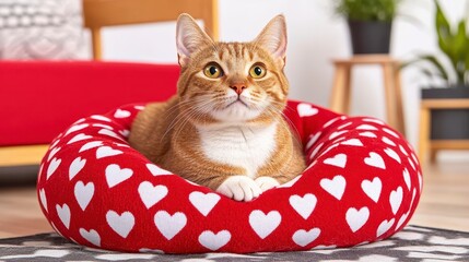 Plakat Cute Ginger Cat Relaxing in Heart Patterned Pet Bed at Home