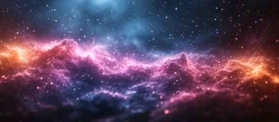 Obraz premium Cosmic nebula with vibrant pink, orange, and blue hues, glowing stars, and interstellar dust.