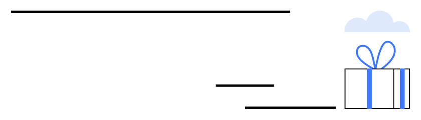 Obraz premium Gift box with blue ribbon and cloud backdrop in minimalist style. Ideal for celebrations, holidays, online stores, present ideas, marketing, greeting cards, and branding. Line metaphor