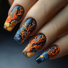 A woman short square nails art painted a underwater coral