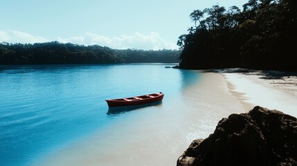 Fototapeta premium Serene Tropical Island Boat on Calm Turquoise Water Sandy Beach Lush Foliage