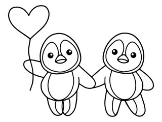 Valentines Day Penguin Holding Balloon Line Art