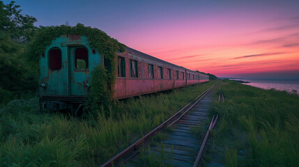 Obraz premium A long exposure of rusting train tracks stretching into the horizon, with an overgrown train car on the side, giving the photo a dreamlike, timeless feel