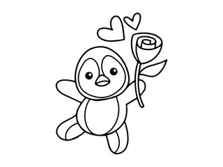 Valentine Day Penguin Holding Rose Outline