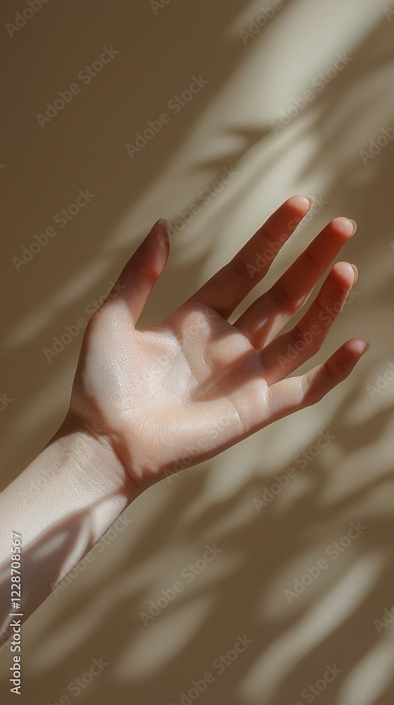 Poster A hand is extended with the palm facing upward, inviting and open. Soft light casts gentle shadows across the surface, creating an intimate and serene atmosphere