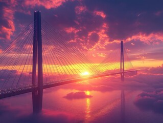 Obraz premium Aerial View of Modern Suspension Bridge at Sunset in Poland