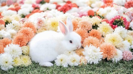Fototapeta premium Fluffy White Rabbit Amidst Spring Flowers