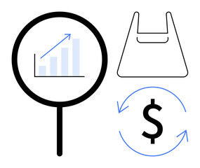 Magnifying glass highlights growth chart, shopping bag signifies retail, dollar symbol with circular arrows suggests financial exchange. Ideal for analytics, retail analysis, economy, commerce