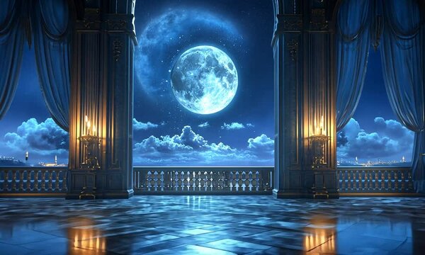 Enchanted ballroom with moonlit view, showcasing elegance and serene atmosphere at night