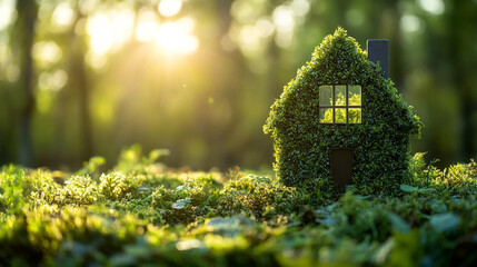 A green glass house surrounded by lush greenery symbolizes CO2 reduction and sustainable living in a minimalistic modern design with a bright tone and blurred background

