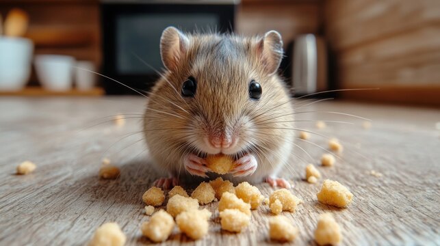 Adorable Hamster Munching on Crumbs in Cozy Kitchen Setting