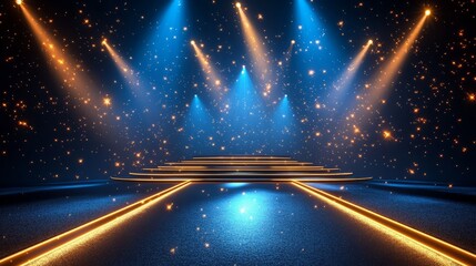 Premium blue and golden edge lines with royal stage spotlights, forming a sleek awards graphics background 