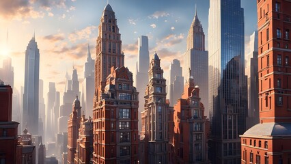 Obraz premium Sunrise cityscape with a mix of modern glass skyscrapers and vintage brick buildings, creating a dramatic architectural contrast.