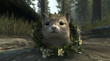 Forest Mouse in Floral Wreath, Peaceful Scene