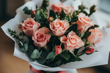 Close-up of a bouquet of pink roses wrapped in paper for a Valentine's Day