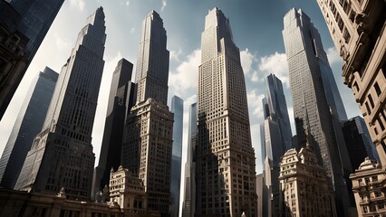Low-angle view of towering skyscrapers in a modern city, showcasing architectural details and dramatic light and shadow.