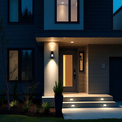 Modern House Exterior at Night: Illuminated Entrance and Landscaping.  Contemporary home design, showcasing architectural details and stylish outdoor lighting.