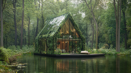 A green glass house surrounded by lush greenery symbolizes CO2 reduction and sustainable living in a minimalistic modern design with a bright tone and blurred background

