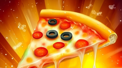 pepperoni and olive pizza slice food photography close-up with melted cheese and mozzarella, captivating appetizing savory italian fast food background art illustration