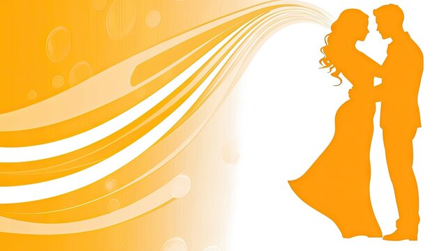 Romantic couple silhouette, embracing, orange background, wedding invitation design - Powered by Adobe