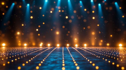 Fototapeta premium Luxurious royal awards background with blue and golden dotted edge lines illuminated by soft stage spotlights