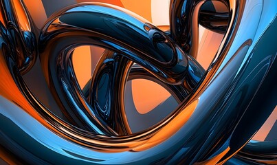 Abstract metallic swirls, orange background, 3D render, design element
