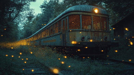 Obraz premium A long exposure shot capturing fireflies swarming around an abandoned train at dusk, their glowing trails giving the scene a magical, almost mystical feel