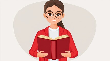 Smiling woman reading book, education concept, simple background, website illustration