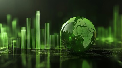 3D render of a financial boom with a globe and rising market lines, vibrant greens.