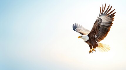 Obraz premium Majestic Bald Eagle in Flight Against Blue Sky