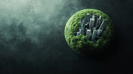 Green planet with a city and trees inside the globe on a dark background. Concept for ecology, environment protection, and sustainable development.