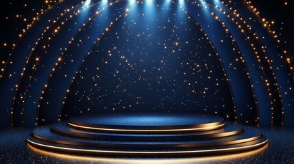 Elegant royal design with blue and golden dotted edge lines and glowing stage spotlights, creating a premium awards background
