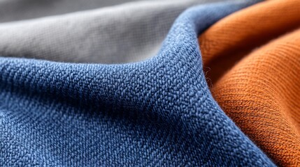 Fototapeta premium Soft textured fabrics gently drape showcasing muted blues oranges grays. AI Generated