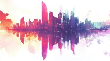Obraz premium Futuristic skyline reflection urban city digital art vibrant colors aerial view modern concept