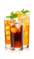 Refreshing iced beverages served in tall glasses with mint.