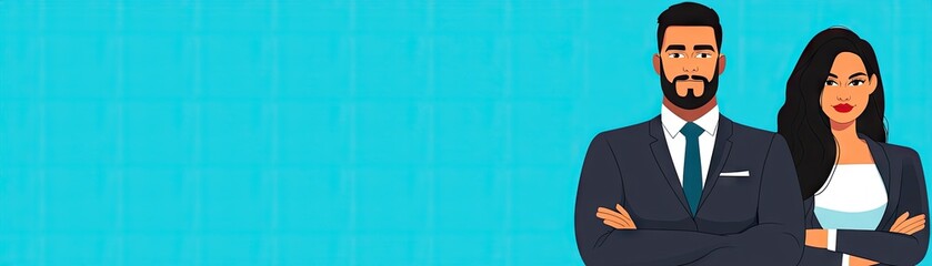 Confident business couple, teal background, partnership, success