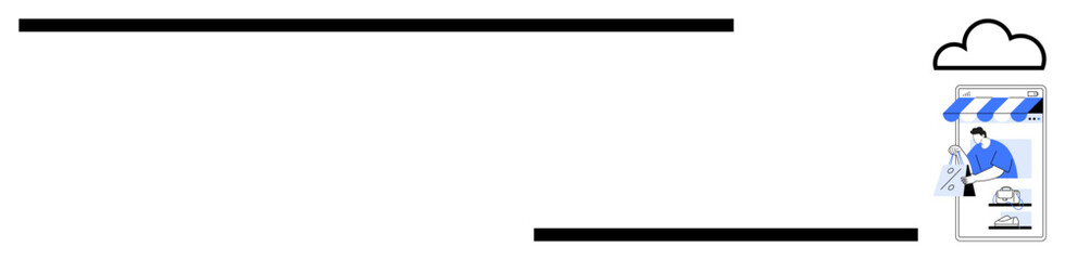 Black lines frame a programmer beneath a cloud icon, coding on a laptop inside a blue storefront space. Ideal for e-commerce, cloud services, software development, web design, digital business