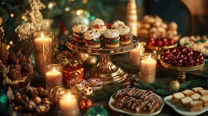 Festive Christmas dessert table with candles