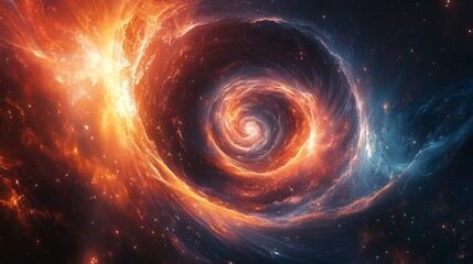 Obraz premium Fiery cosmic swirl powerfully spins vibrant orange and blue nebulae. AI Generated