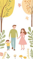 Happy family autumn park stroll, leaves background, greeting card