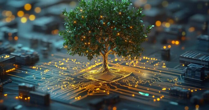 Green plant is growing on top of a computer chip. A digital tree with circuit board branches representing the growth and evolution of technology innovation and smart systems. - Powered by Adobe