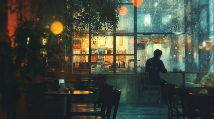 Naklejka premium Contemplative evening reflection of a solitary figure in a cozy urban setting under rainy atmosphere digital art with intimate mood