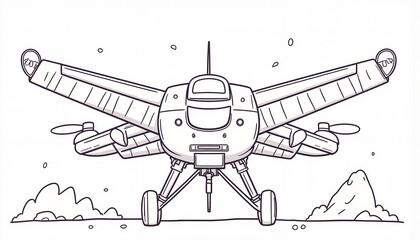 Military drone in black and white style, children's coloring book