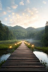 Fototapeta premium Tranquil Lake with Wooden Pier and Sunrise Reflection