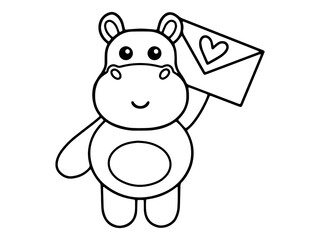 Valentine Day Hippo Holding a Letter Black and White