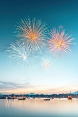 Colorful Fireworks Over Calm Water at Dusk